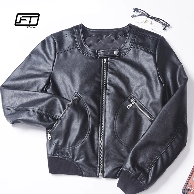 

Fitaylor 2019 Faux Leather Jacket Women Plus Size S-5XL O-neck Zipper Casual Jacket Female Short Biker Jacket Black Pink Coat