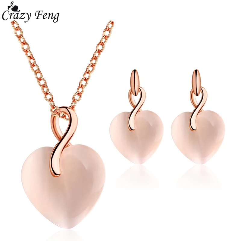 

Fashion Elegant Heart Shaped Rose Gold Opal Jewelry Sets Necklace Earrings for Womens Wedding Pendant Girls Valentines Day Gift