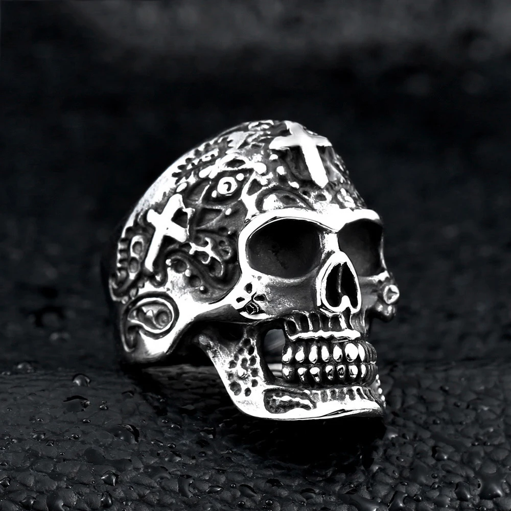 

316L Stainless steel steam ram Men punk ring Cross Skeleton head Powerful Skull man Band gothic rings Jewelry Gift For Him