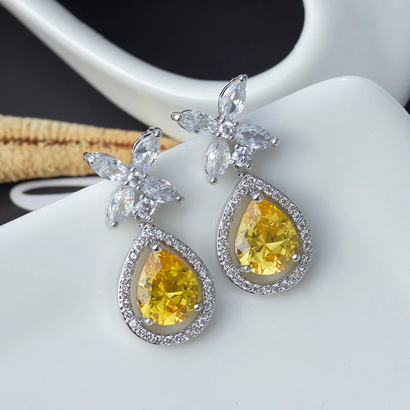 Yellow Pear Cut Zircon Dangle Earrings Marquise Flower Cubic Zirconia