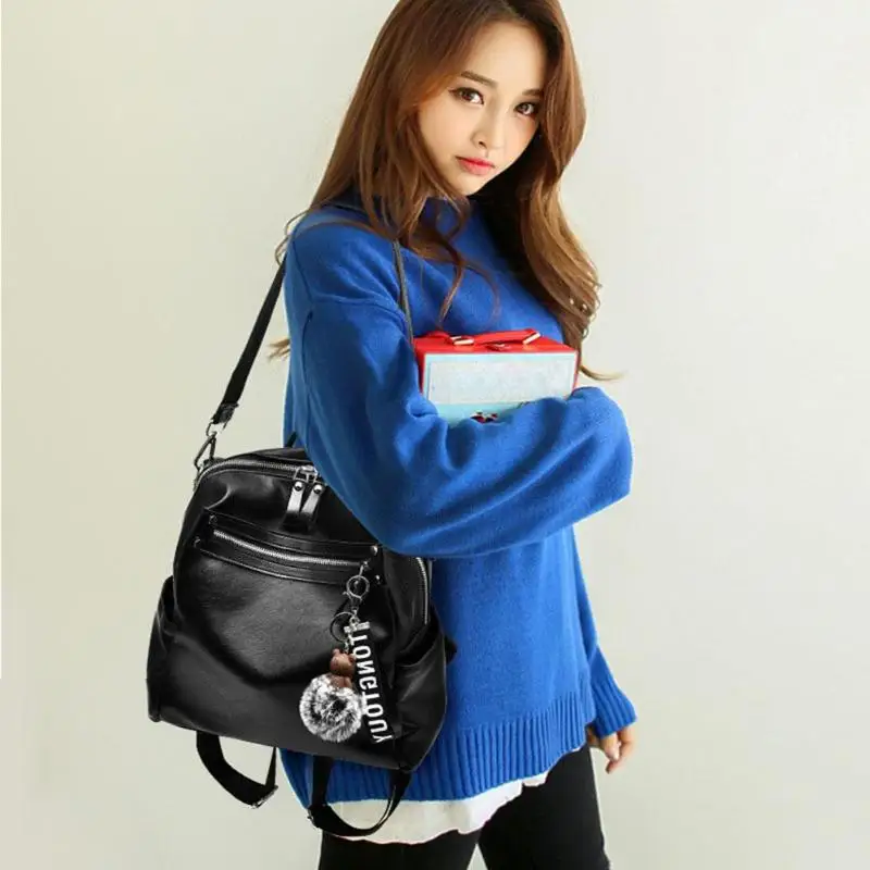 

Fashion PU Leather Women Backpack Bear Ball School Backpacks for Teenager High Quality Double Zipper Female Rucksack Mochila