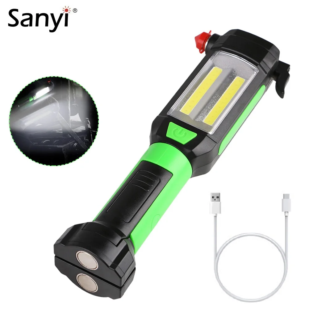 

Sanyi Magnetic Car Repairing Work Light COB LED Magnetic Flashlight USB Charging Torch Portable Lamp Hammer Car Emergency Tool