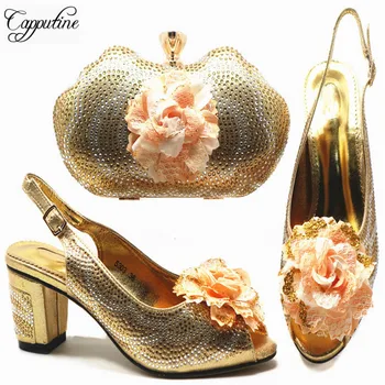 

Hot Selling Fashion Gold Color Pretty Shoes And Bags Set Italy Style Rhinestones High Heels Shoes And Bag For Wedding