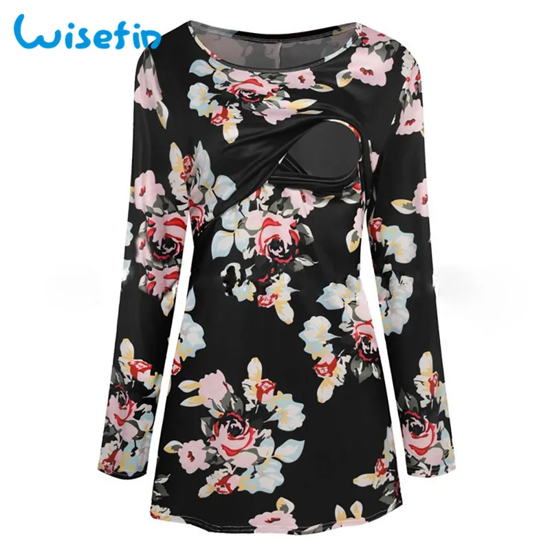 Wisefin Women Maternity Nursing T-Shirt Floral Print Pregnant Clothes Breastfeeding Tee Shirt Tops Long Sleeve Pregnancy Tshirt