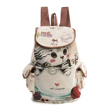 

Women Canvas Backpack Cartoon Cat Pattern School Bag Pockets Casual Vintage Bag Travel Drawstring backpack 1#
