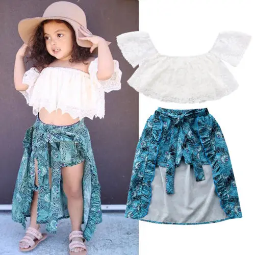 

Fashion Summer Baby Girl Outfit Short Sleeve Lace Floral Tank Shirt Tops+Toddler Waistband Peacock Skirt Culottes Party Clothes