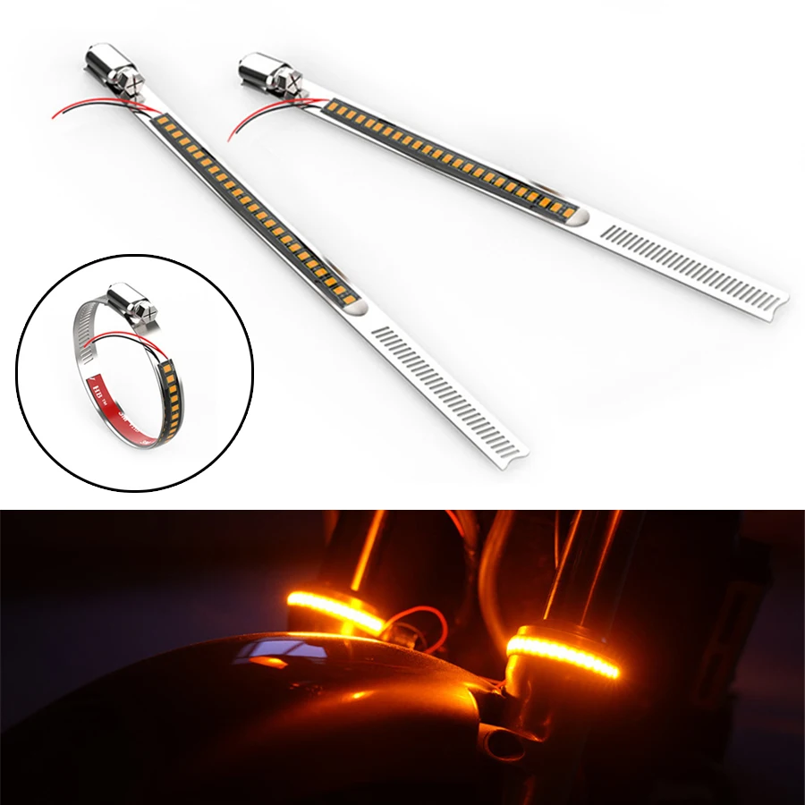 

2Pcs 24LED Universal Motorcycle Fork Turn Signals Light Amber LED Strips Stainless Steel DC 12V IP67