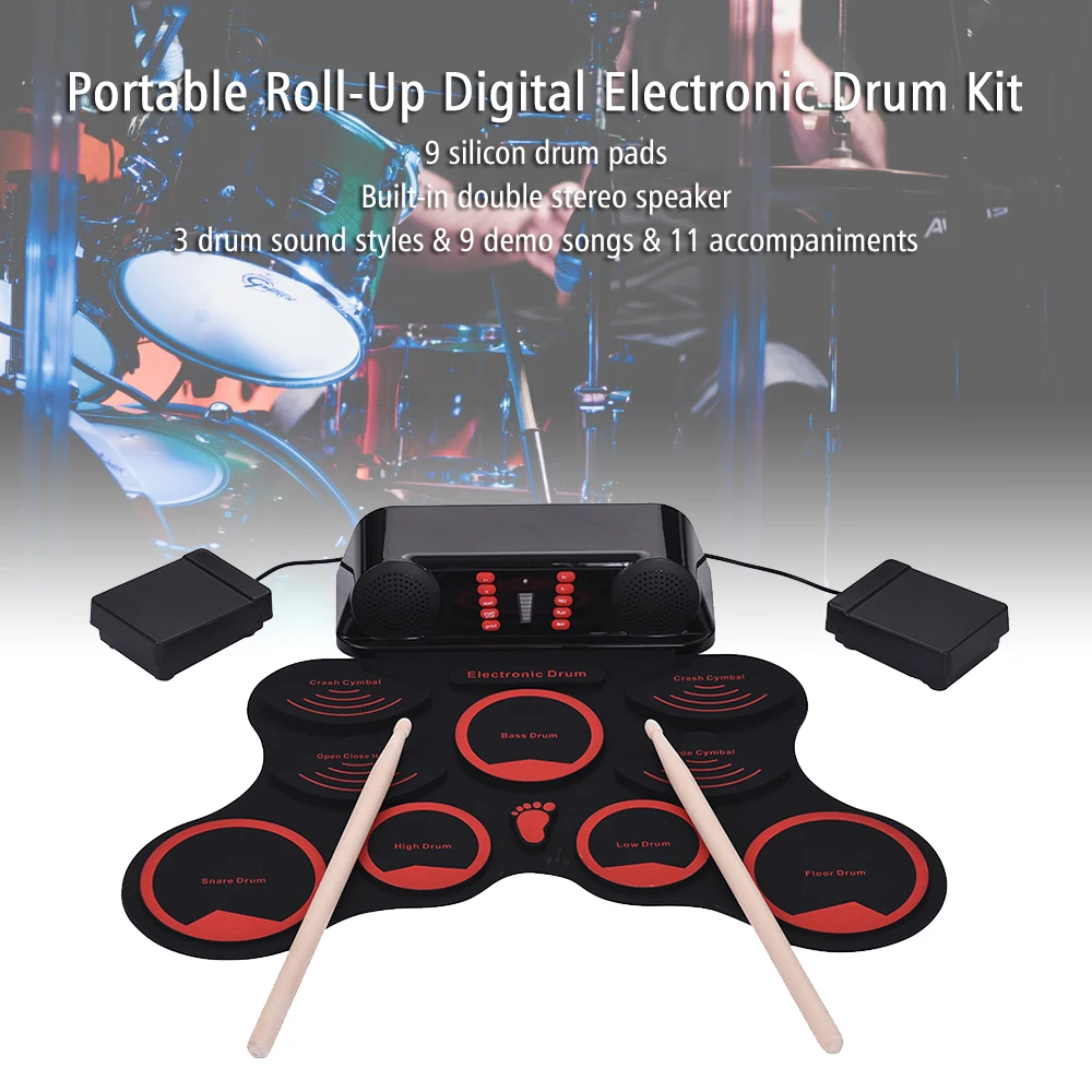 Портативный рулонный барабанный набор электронных ударных 9 силиконовых барабанных подушечек встроенные двойные динамики с барабанные палочки, ножные педали USB кабель