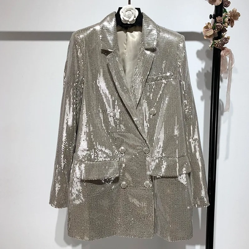 

[EWQ] 2019 Spring Autumn Notched Collar Sequin Patchwork Pockets Double Breasted Streetwear Suit Coat Women Fashiontide AD159