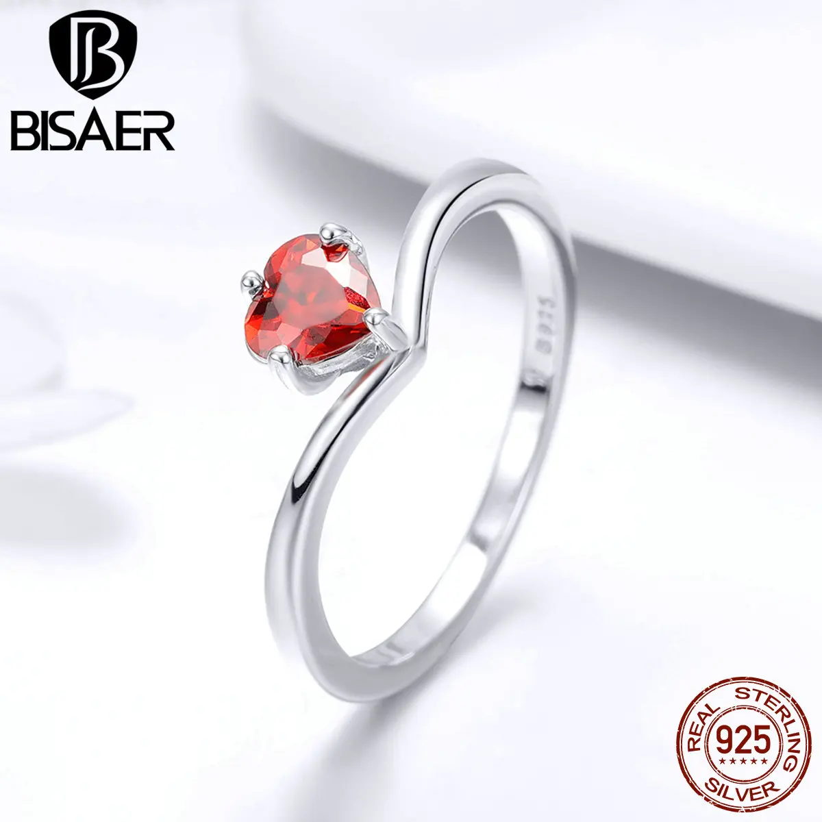 

BISAER 925 Sterling Silver Red CZ Love Heart Pave Cocktail Finger Rings for Women Wedding Bridal Engagement Jewelry Anel ECR458