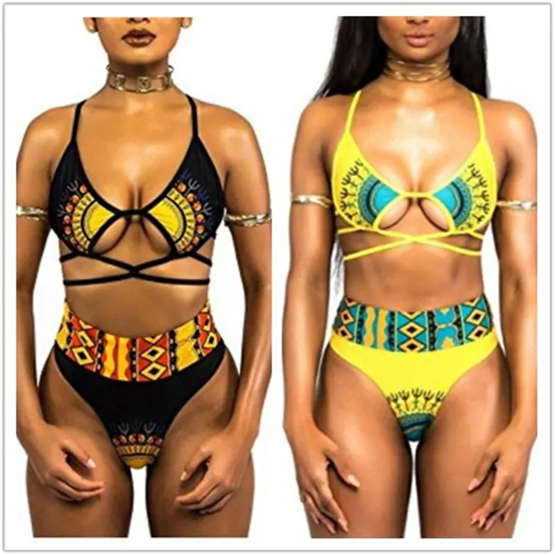 

2019 Sexy Women Bikini 2pcs Push Up Padded Swimsuit African Floral Swimwear High Waist Bathing Suit Beachwear Swimming Costume