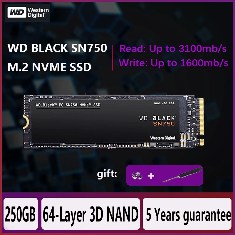 WD Black PCIe 250GB M.2 2280 SSD SN750 твердотельный диск 3100 МБ/с. для геймера игровой ПК