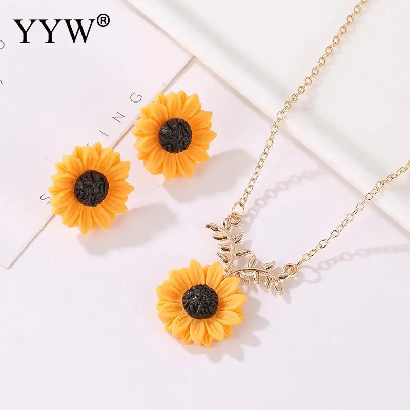 

2019 New Sunflower Pendant Necklace Stud Earrings Jewelry Sets For Women Girls Rose Gold Chain Choker Necklace Femme Jewellery