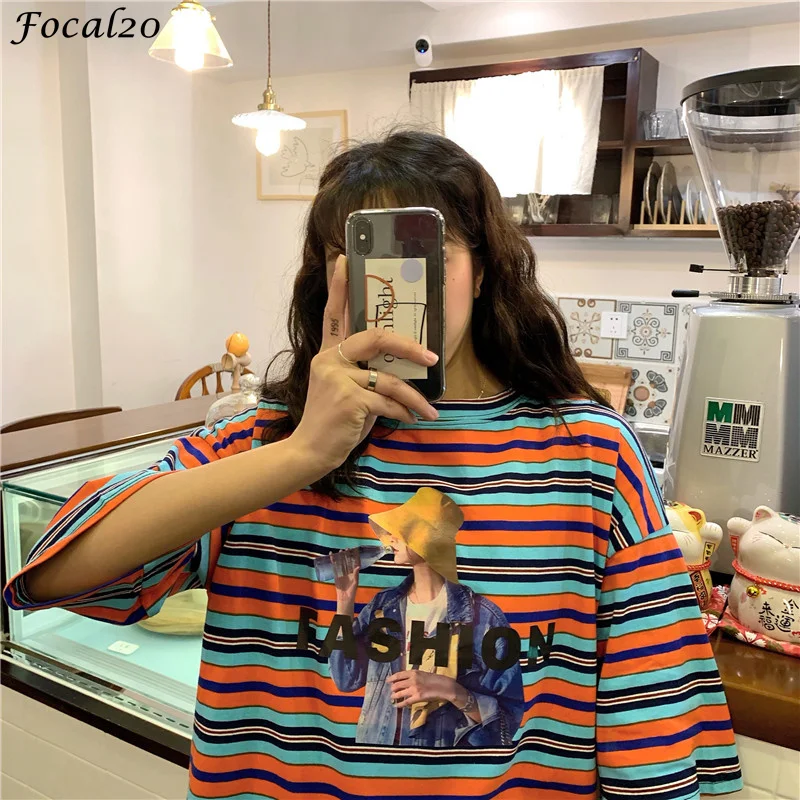 

Focal20 Streetwear Character Letter Stripe Women T Shirt Casual Loose Short Sleeve T Shirts Summer Spring Tee Top Female