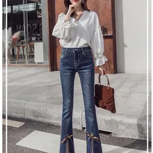 Лето, женские джинсы с бантом длиной до щиколотки, офисные женские модные узкие джинсовые расклешенные брюки с высокой талией, эластичные брюки