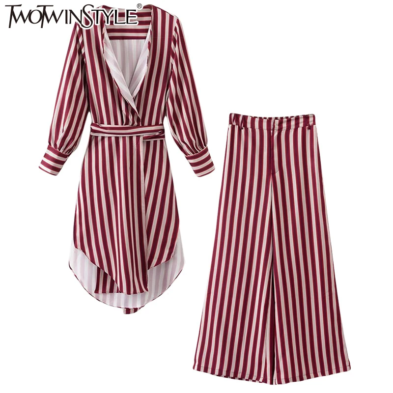 

TWOTWINSTYLE Spring Women Casual Stripe Sets Asymmetry Open Fork Long Sleeve Blouse Coats High Waist Zipper Wide Leg Pants New