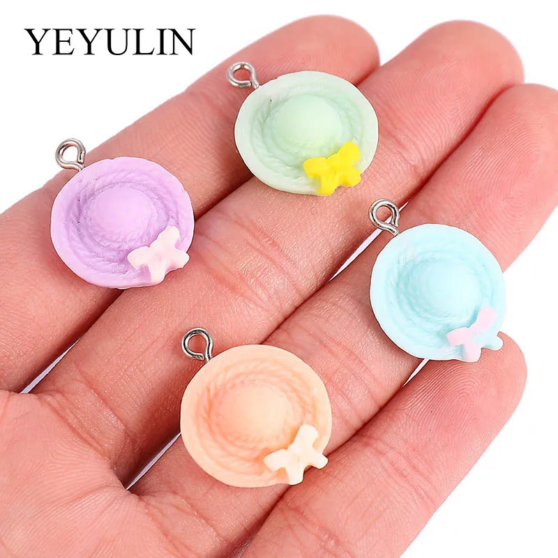 

10pcs Trendy Alloy Resin Hats Pendants For Woman Girl Lovely Cute Colorful Sunhat Charms DIY Jewelry Accessories