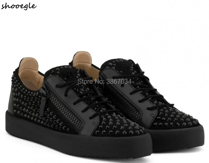 

SHOOEGLE Black Shoes Men Rivets Studs Leather Sneakers Round Toe Thick Flats Spiked Casual Shoes Men Low-Top Sneakers Men Shoes