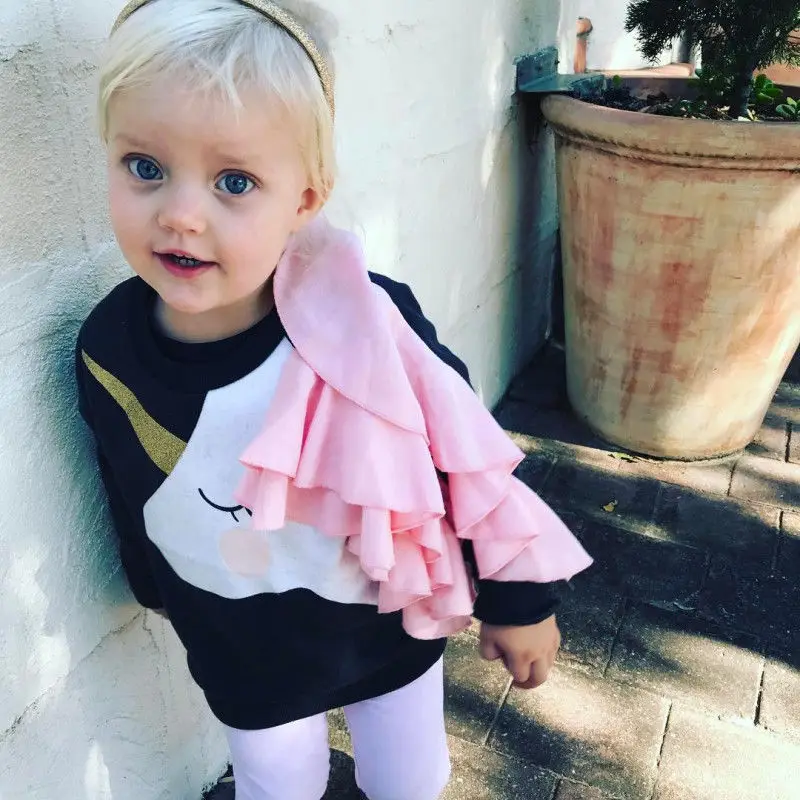 Toddler Infant Baby Girls Kids Outfits Tops T-Shirt Long Sleeve Unicorn Ruffle Sweatshirts Blouse 