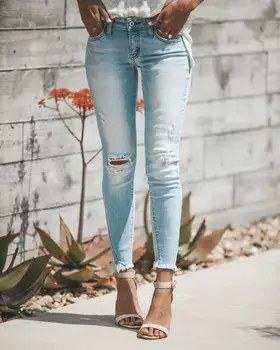 

2019 Spring New Pattern Women Casual Holes High Elastic Jeans Trousers