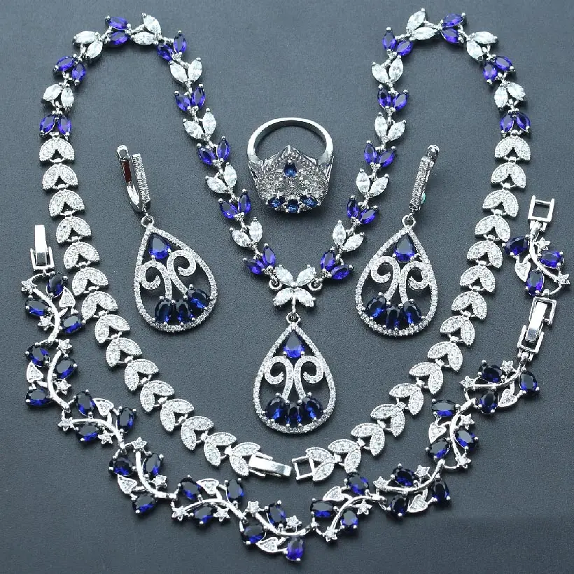 

Natural 925 Silver Bridal Jewelry Blue Crystal White Zircon Jewelry Sets For Women Earrings/Pendant/Necklace/Rings/Bracelet Box