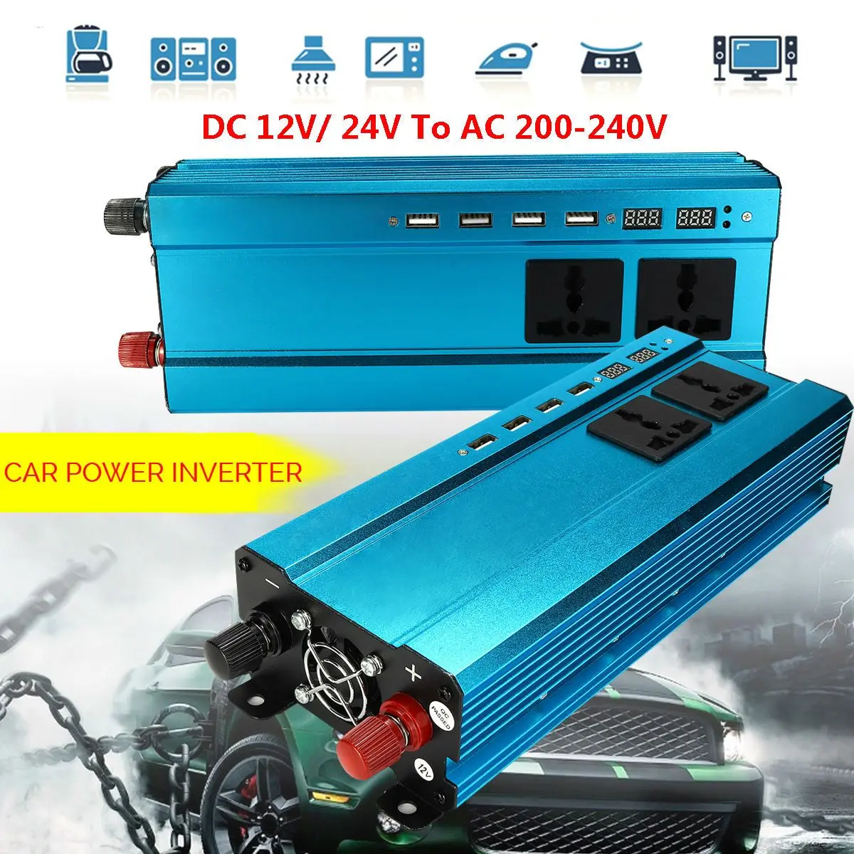

DC 12/ 24V to AC 220V P eak 2000W Car Solar Power Inverter 4 USB Interface Converter Universal Plug Voltage Transformer Modified