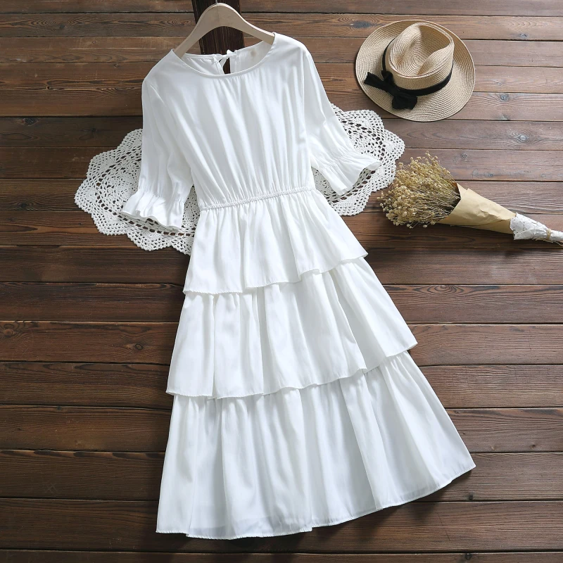 

Banulin Mori Girl Kawaii Sweet Cake Dress New Summer Women Ruffled Short Sleeve Knee-Length Boho Party Female Cotton Dresses