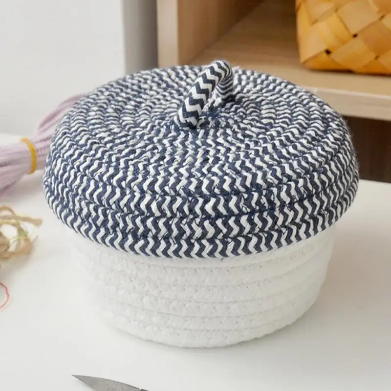 

Small Cotton Thread Woven Storage Basket With Lid Desktop Sewing Accessories Organizer Basket Snack Cosmetic Storage Box