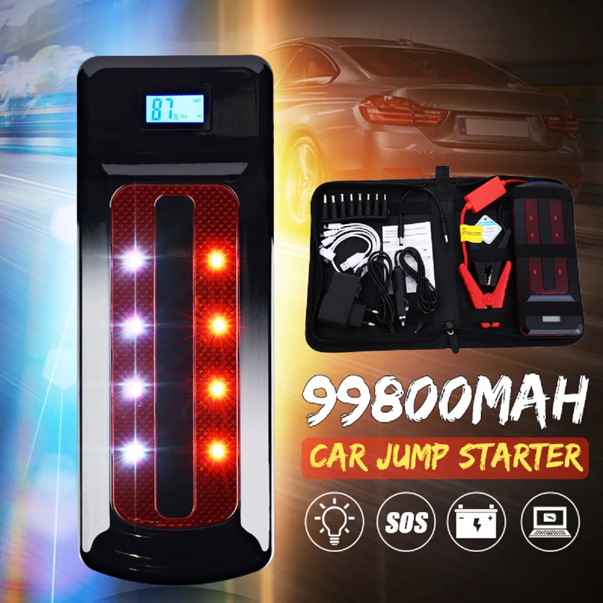 99800mAh 12V Portable Emergency Battery Charger Car Jump Starter Smart Clip Power Bank Starting Light Bar US/UK/AU/EU