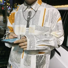 Весенняя модная мужская рубашка с принтом газет и длинным рукавом, Повседневная Уличная Молодежная хлопковая Свободная белая рубашка