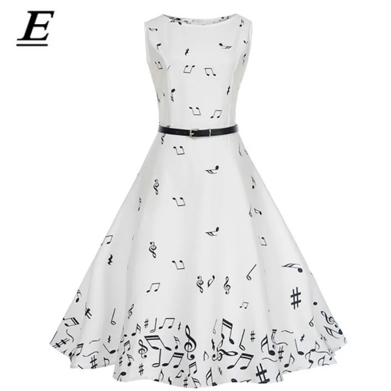 

Summer Music Note Print Dress Women 50S Audrey Hepburn Robe Retro Swing Casual Vintage Sleeveless O-Neck Swing Dresses Vestidos