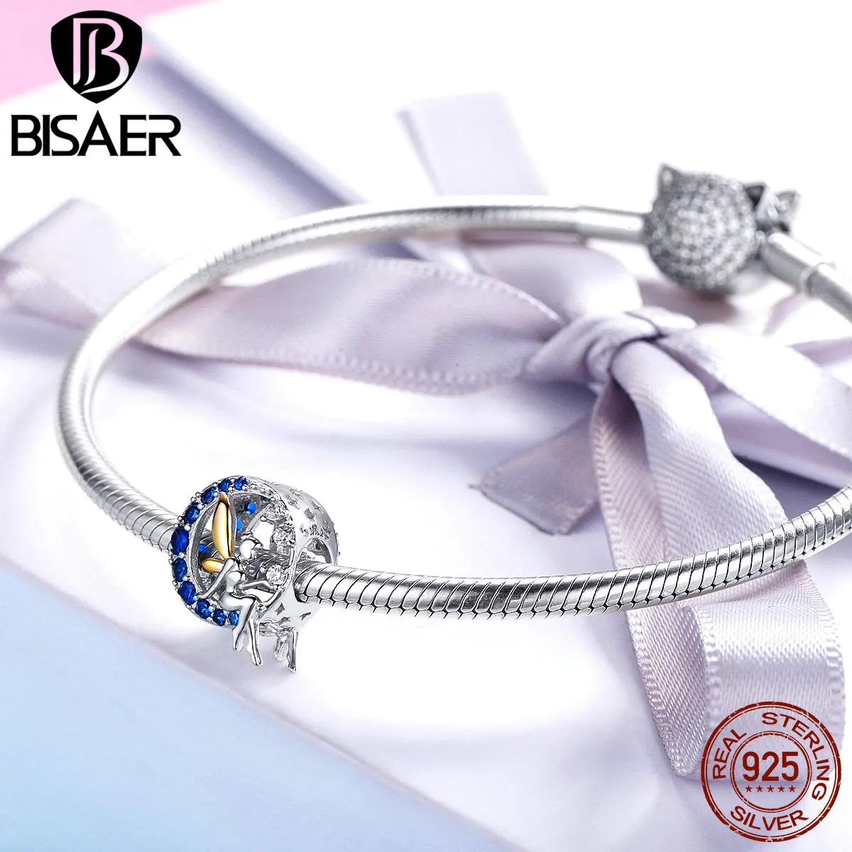 BISAER 925 пробы серебро ярко синий CZ лунный свет фея бусины для Для женщин Fit Пан