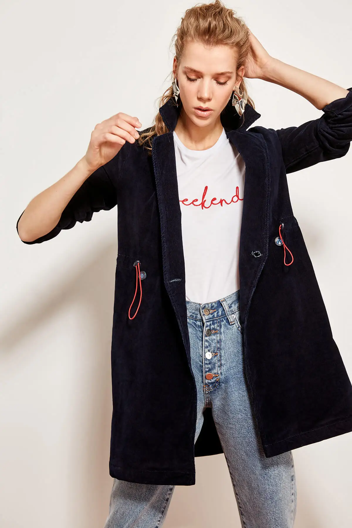 Buy Trendyol Navy Blue Velvet Jacket Detailed Tires Connecting TCLAW19LR0239