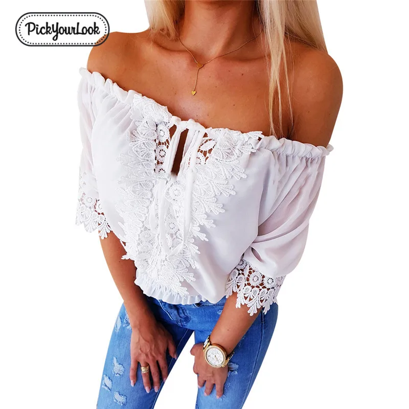 

Pickyourlook Slash Neck Women Blouses Shirt Summer 2019 Sexy Lace Hollow Out Belted Female Shirt Blouse White Guipure Lady Tops