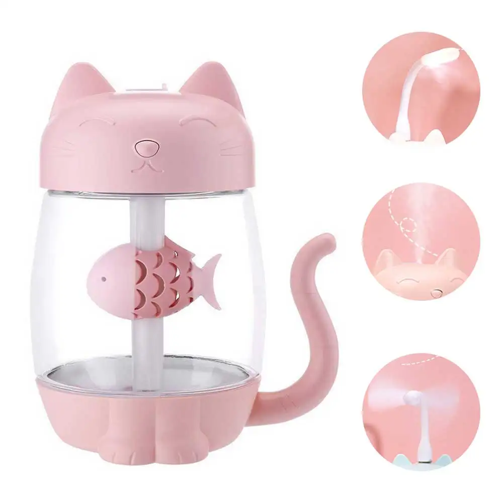 

3 In 1 350Ml Usb Cat Air Humidifier Ultrasonic Cool-Mist Adorable Mini Humidifier With Usb Fan Led Light Mini For Home Office