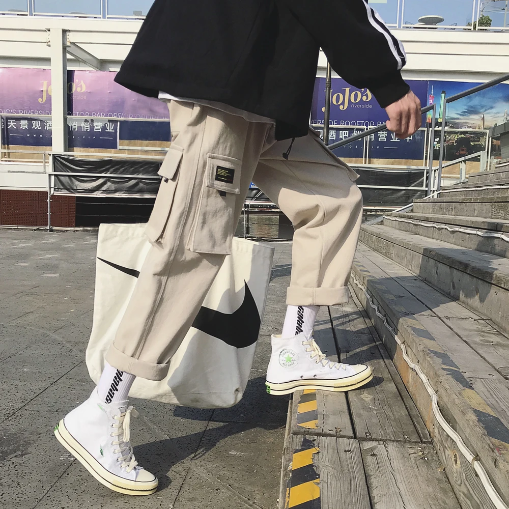 

2019 Men's Fashion Cotton Loose Casual Cargo Pocket Pants Streetwear Black/khaki Color Trousers Joggers Sweatpants Size M-2XL