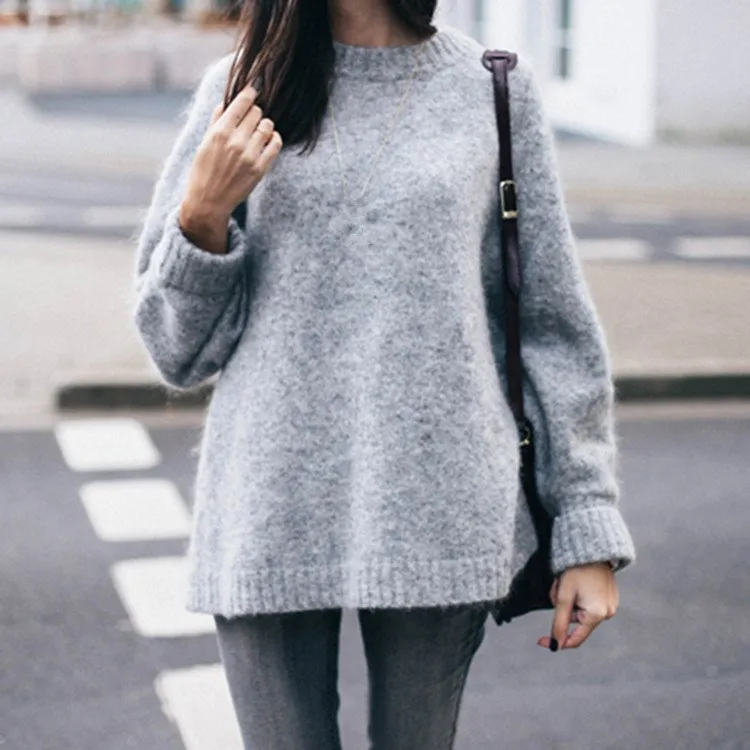 

Autumn Winter Fashion Women Mohair Sweaters Long Sleeve O-neck Casual Grey Color Tops