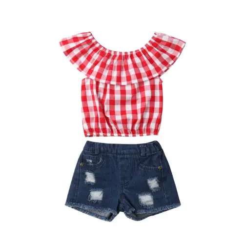 2PCS Toddler Kids Girl Outfits Clothes Summer Plaids Ruffle Tosp+Denim Pants Set | Детская одежда и обувь