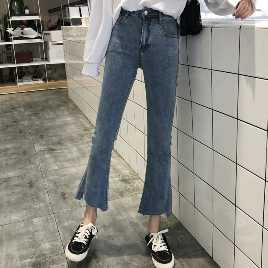 

Solid Wash Jeans Woman High Waist Summer Denim Pants Women Casual Ankle-Length Flare Pants Female