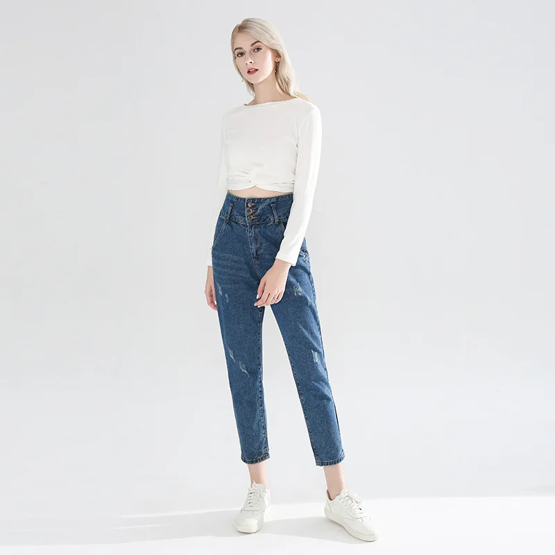 Spring 2019 Button High Waist Fringed Jeans Women