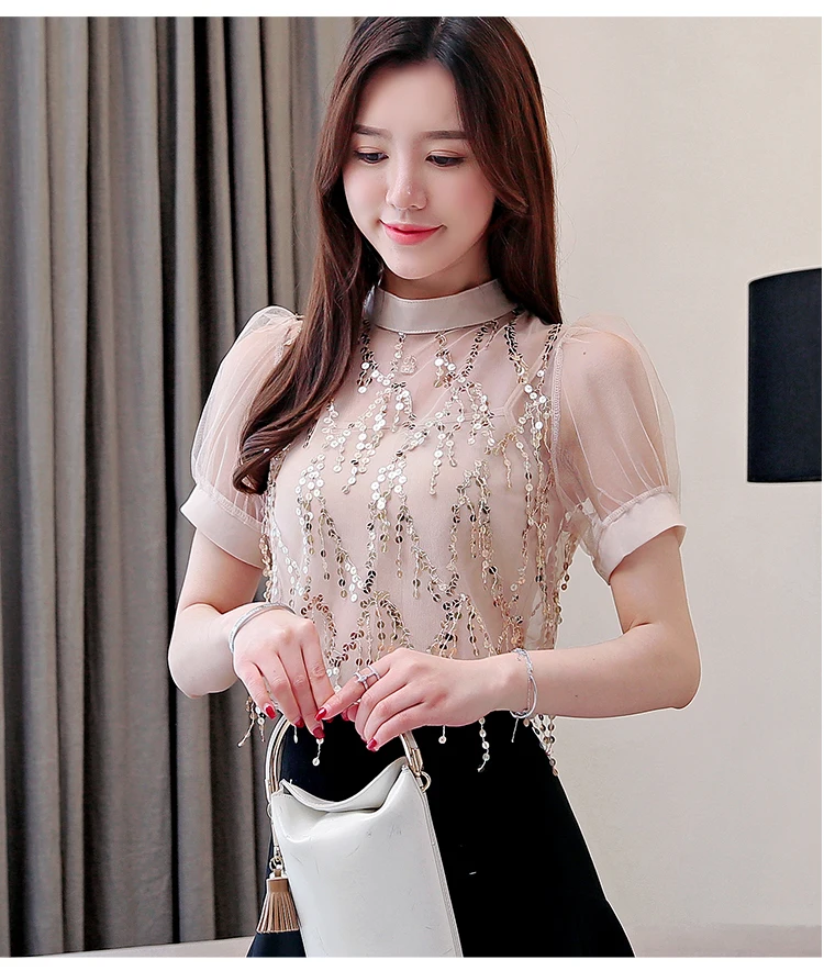 انظر من خلال أعلى النساء مثير قميص قصير الأكمام شبكة النساء بلوزة قميص الصيف الأعلى للمرأة قمصان إمرأة قمم و البلوزات 3161 50