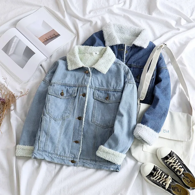 Spring Faux Fur Denim Jacket Causal Women Front Button Flap Pockets Blue Lambswool Jeans Coat Thick Lining Bomber Parka Jacket