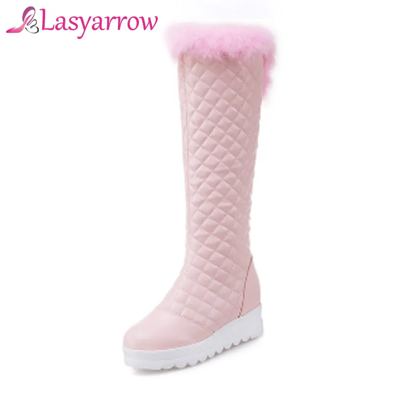 

Lasyarrow Hidden Wedges Round Toe Platform Shoes Women Height Increasing High Heels Knee High Winter Warm Snow Boots Black White