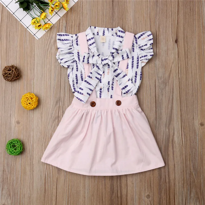 

2019 Toddler Kids Baby Girl 2Pcs Clothing Feather Print Tops T-shirt Bowknot Suspender Skirt Dress Outfits Clothes Set