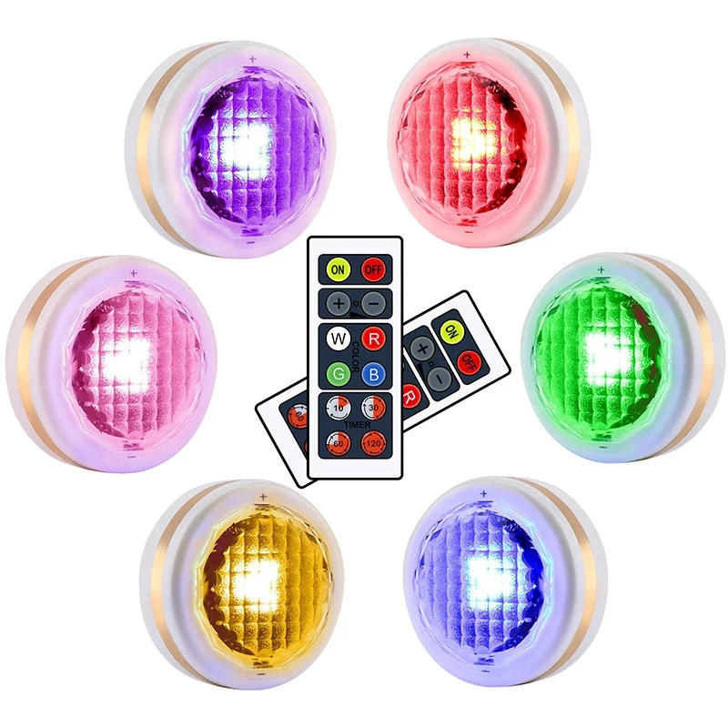 

Wireless Led Puck Lights With Remote Controls Colors Changing Under Cabinet Lighting 4 Modes Dimmable Timing Battery Operated