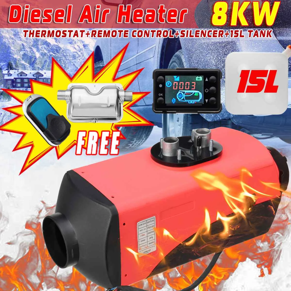 

12V 8KW LCD Diesel Air Heater Silencer 15L Tank Planar Car Trucks Boat Motorhome Parking With Remote Control LCD Monitor for RV
