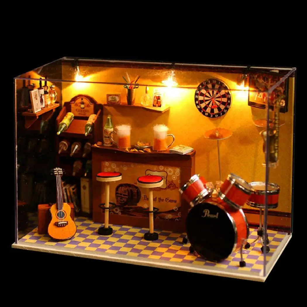 

Excellent DIY Wooden Dollhouse Kit Miniature Room House Model Taproom Bar Pub+Glass Cover 8inch Ornament Craft Idea Gift
