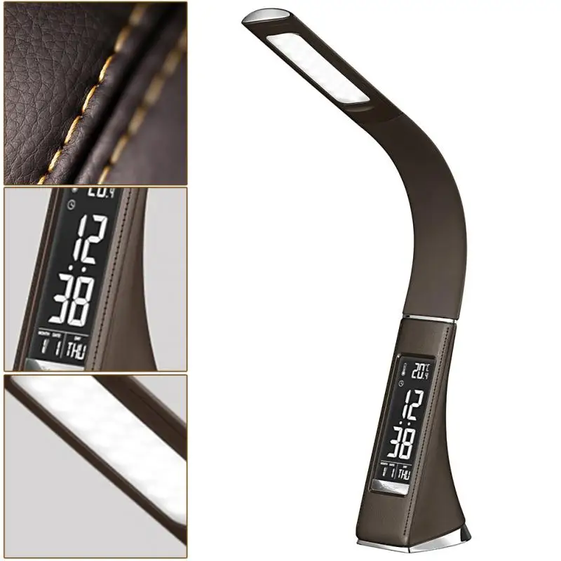 

EU/US Plug Leather Texture Alarm Clock Calendar Touch Control LCD Display Table Desk night mini reading Lamp