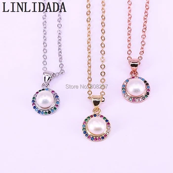 

10Pcs Charm Micro Pave Multi color CZ Round Pearl Pendant Necklaces For Women Fashion Jewelry