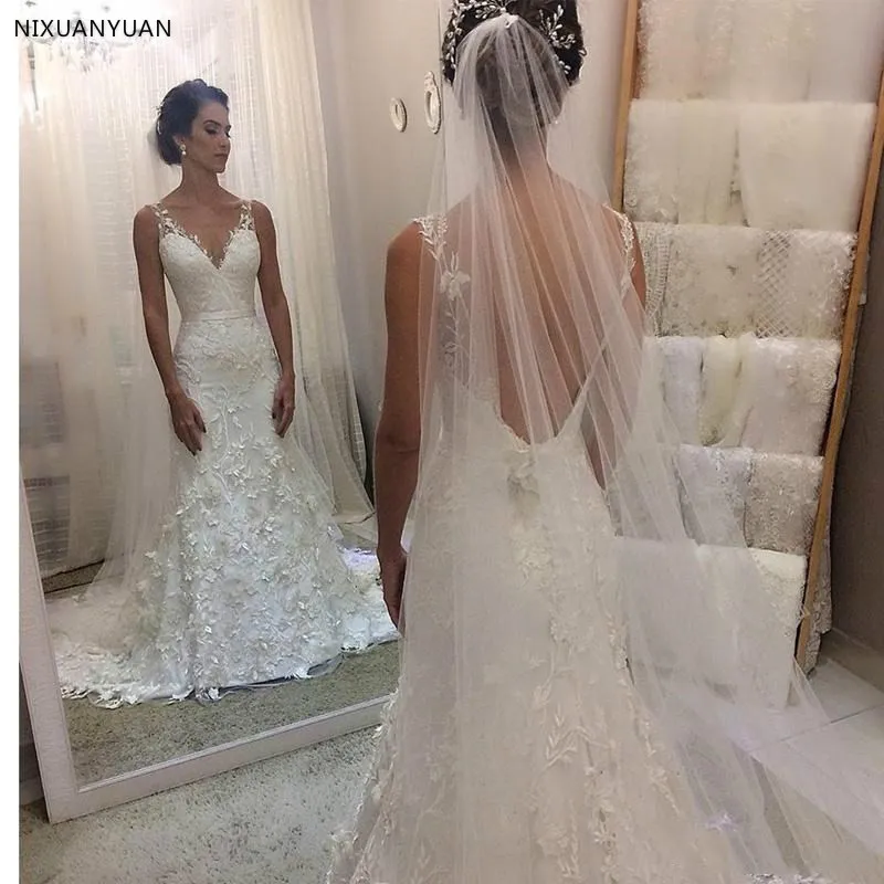 Скромные белые кружевные свадебные платья с v-образным вырезом с открытой спиной 3D цветок из бисера Vestido De Noiva Sweep Train Свадебное платье свадьба платья
